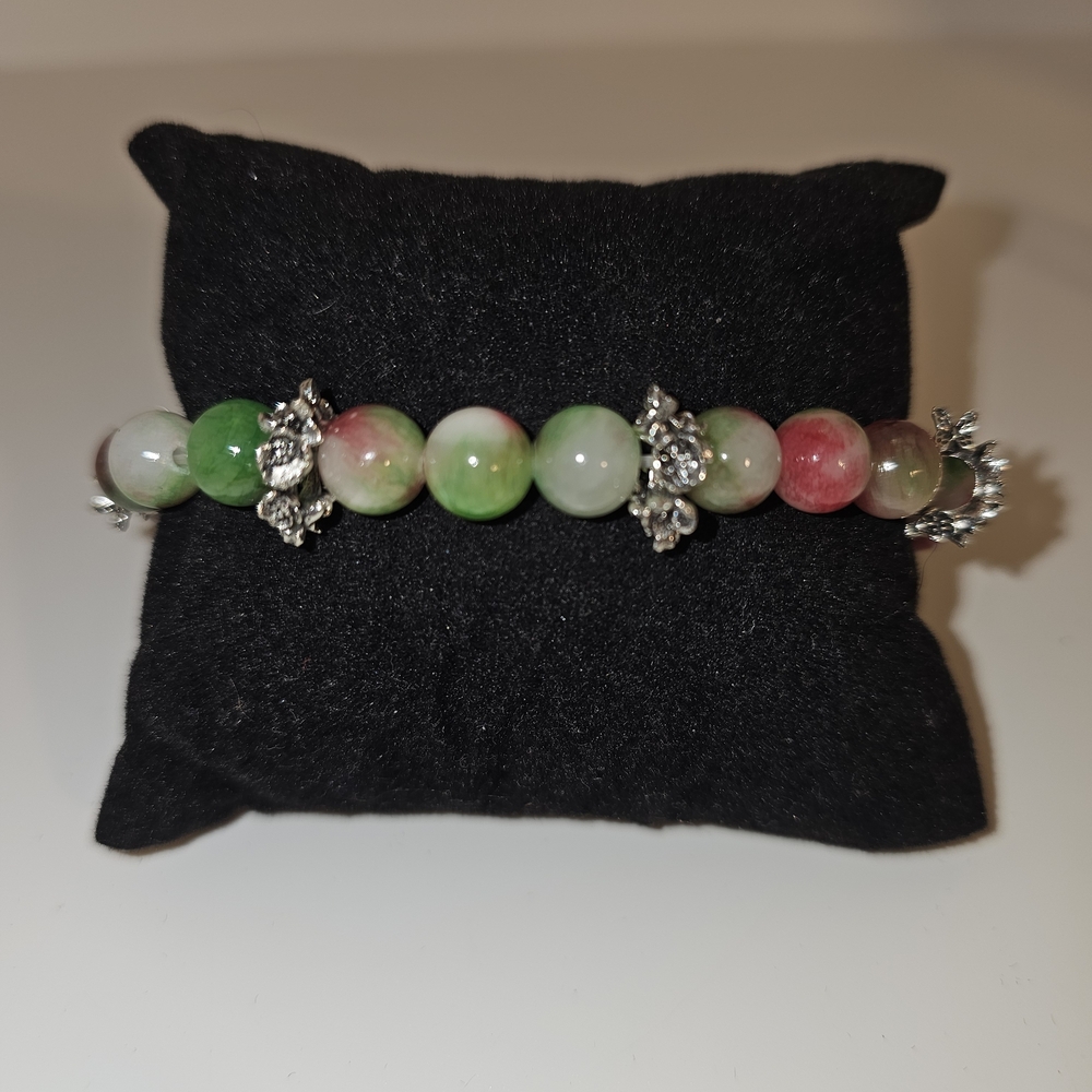 White Green and Pink Appke Beaded Stretch Bracelet Handmade New